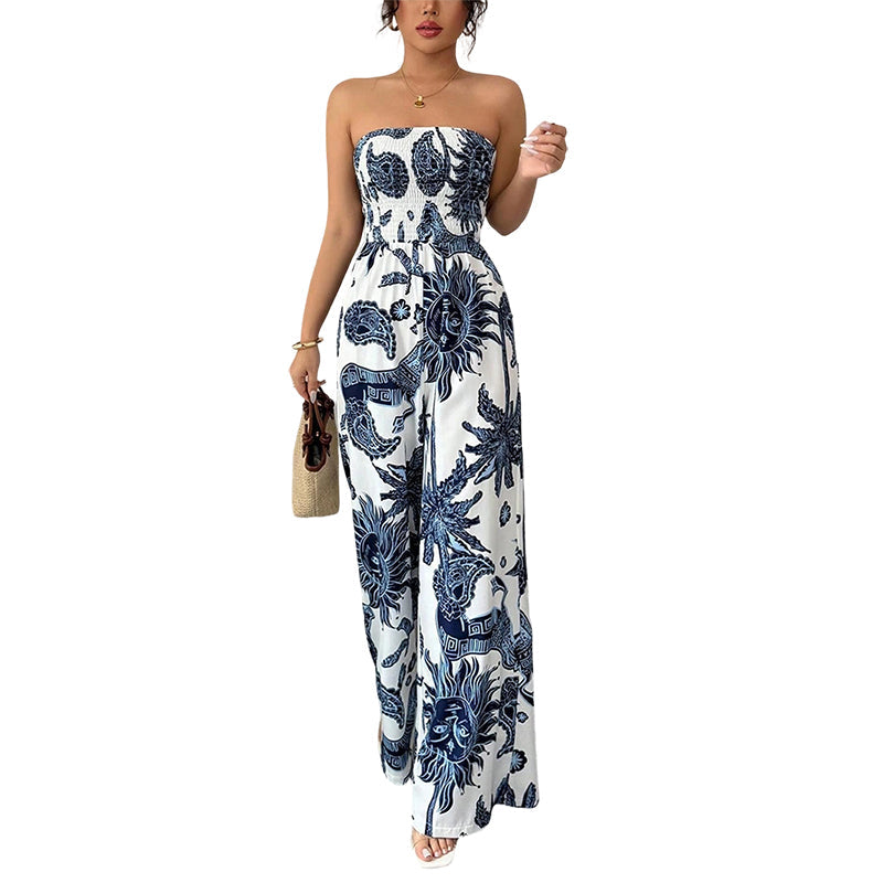 Axelbandslös smockad jumpsuit med vida ben
