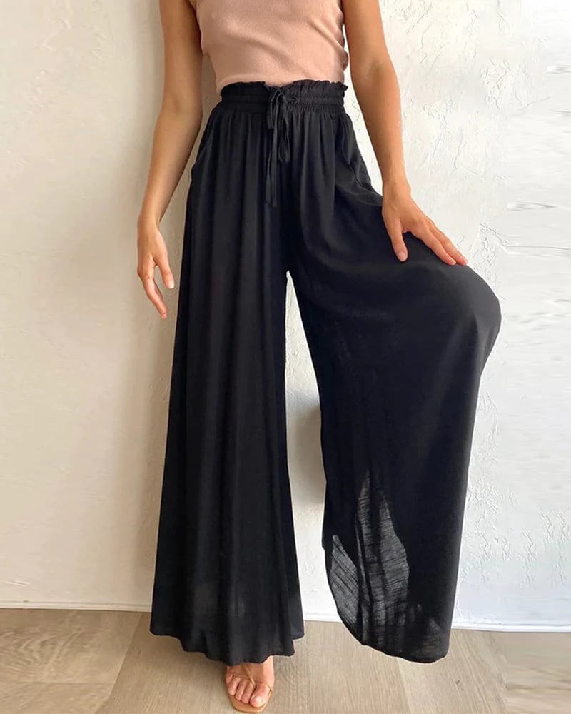 👖 50% RABATT NU! ✨ Solid-färg Vida Ben Högmidjade Byxor – Bomullsblandning, Loose Fit & Justerbar Dragsko 🌿