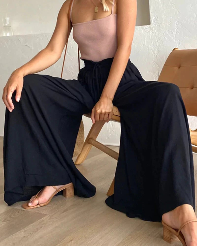 👖 50% RABATT NU! ✨ Solid-färg Vida Ben Högmidjade Byxor – Bomullsblandning, Loose Fit & Justerbar Dragsko 🌿
