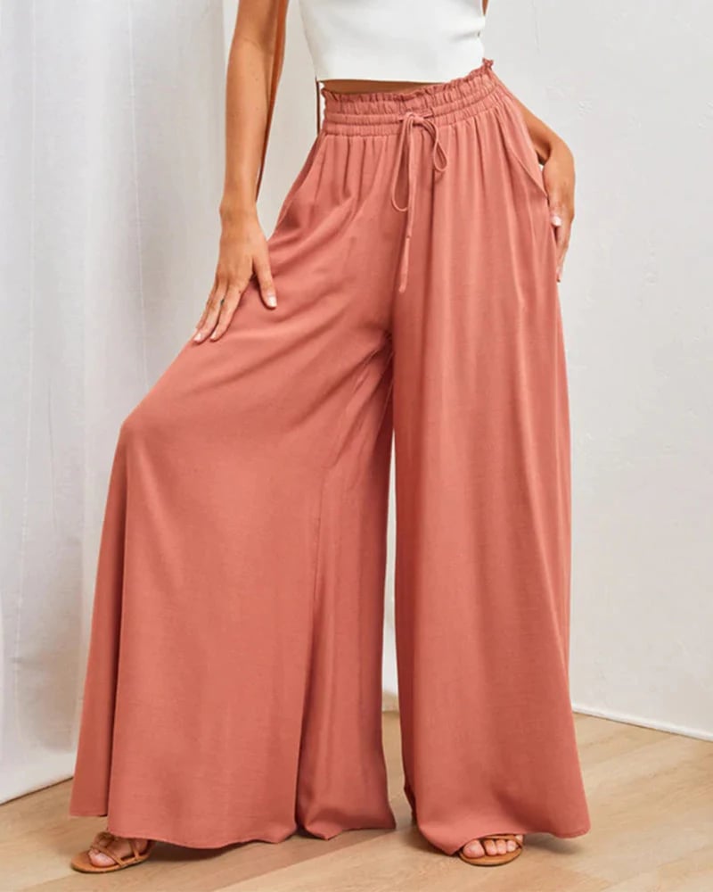 👖 50% RABATT NU! ✨ Solid-färg Vida Ben Högmidjade Byxor – Bomullsblandning, Loose Fit & Justerbar Dragsko 🌿