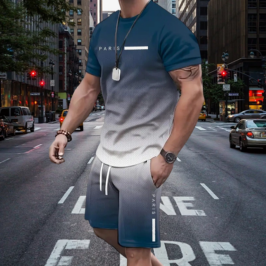 Herrset med t-shirt och shorts i gradientfärg