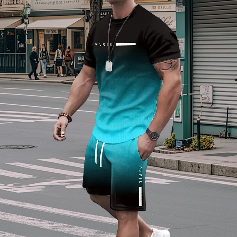 Herrset med t-shirt och shorts i gradientfärg