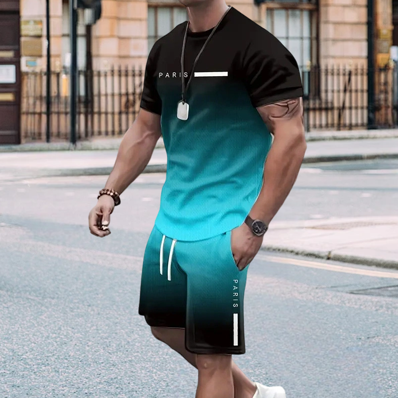 Herrset med t-shirt och shorts i gradientfärg