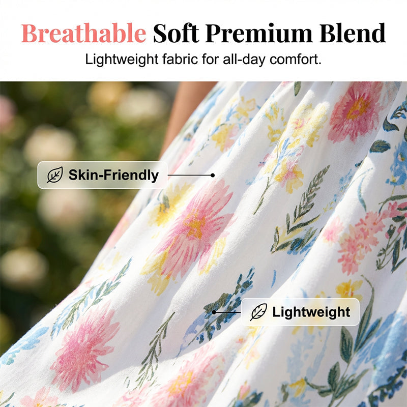 👗 50% RABATT NU! 🌸 Tryckt Off-Shoulder Kortärmad Maxiklänning – Blommönster, Rynkad Liv & Dolda Fickor För En Avslappnad Elegans ✨