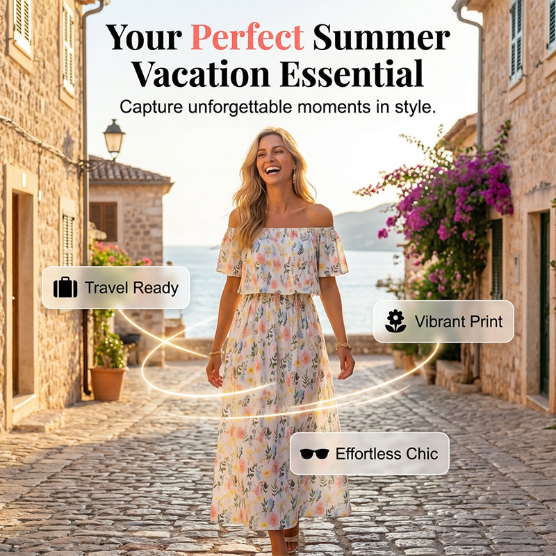 👗 50% RABATT NU! 🌸 Tryckt Off-Shoulder Kortärmad Maxiklänning – Blommönster, Rynkad Liv & Dolda Fickor För En Avslappnad Elegans ✨