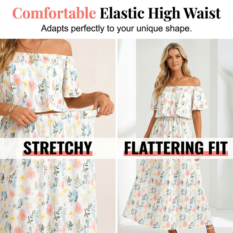 👗 50% RABATT NU! 🌸 Tryckt Off-Shoulder Kortärmad Maxiklänning – Blommönster, Rynkad Liv & Dolda Fickor För En Avslappnad Elegans ✨
