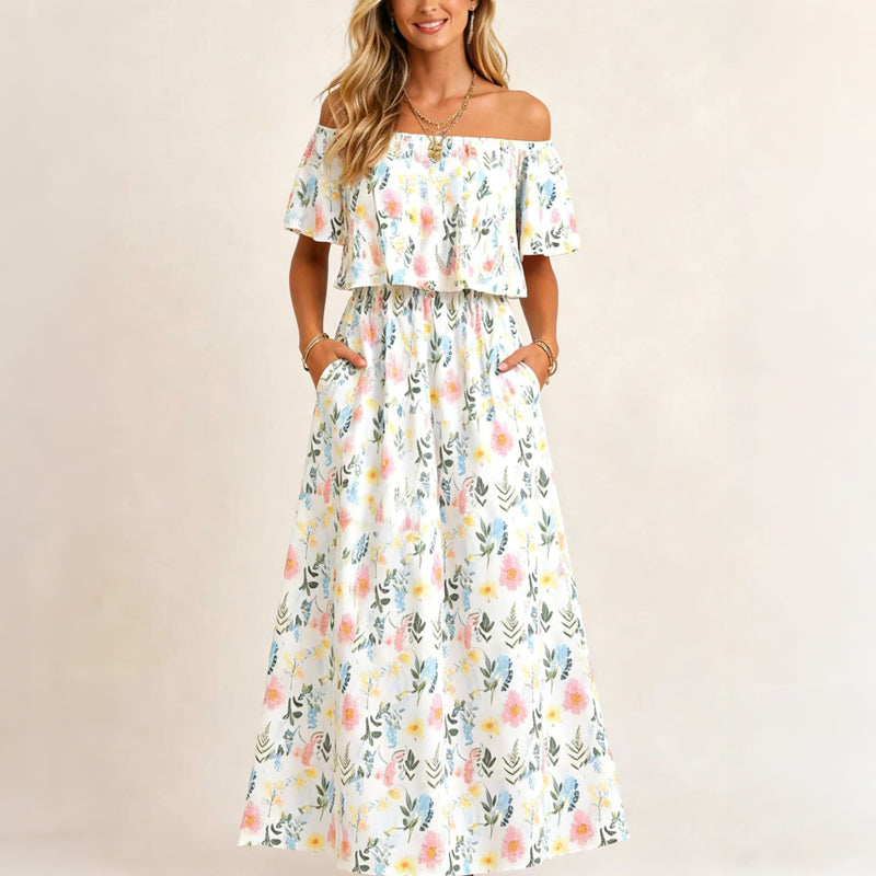 👗 50% RABATT NU! 🌸 Tryckt Off-Shoulder Kortärmad Maxiklänning – Blommönster, Rynkad Liv & Dolda Fickor För En Avslappnad Elegans ✨