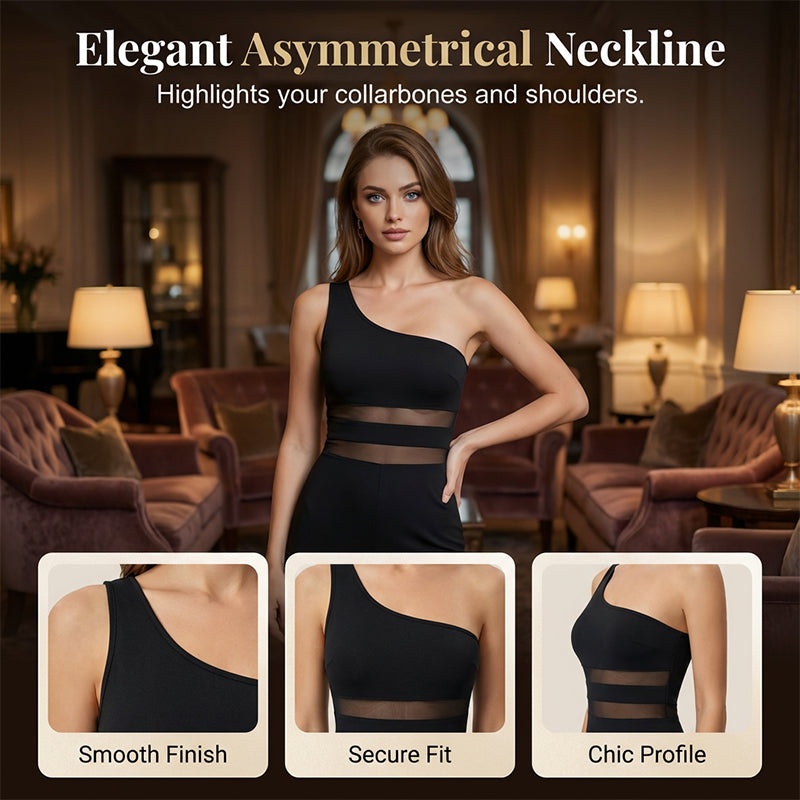 Jumpsuit med en axel, mesh-midja & vida ben – elegant, figursydd & flödande ✨👗