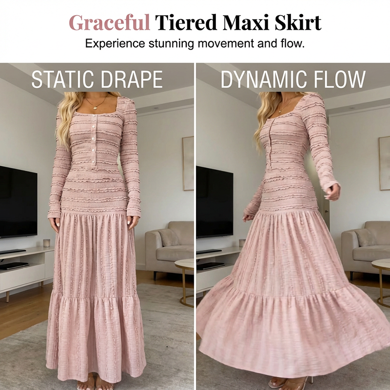 👗 50% RABATT ✨ | Maxiklänning med Fyrkantig Halsringning – Volanger & Smock för Tidlös Elegans