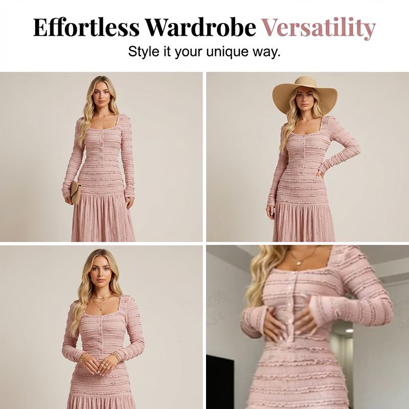 👗 50% RABATT ✨ | Maxiklänning med Fyrkantig Halsringning – Volanger & Smock för Tidlös Elegans