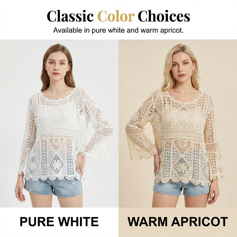 👚 50% RABATT NU! 🌸 Kvinnors Vintage-inspirerad Spets Cover-Up Blus – Boho Virkning, Hålrum & Vida Ärmar ✨