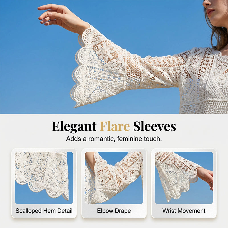 👚 50% RABATT NU! 🌸 Kvinnors Vintage-inspirerad Spets Cover-Up Blus – Boho Virkning, Hålrum & Vida Ärmar ✨