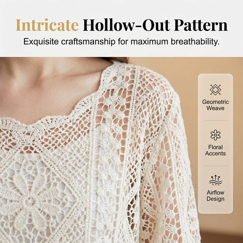 👚 50% RABATT NU! 🌸 Kvinnors Vintage-inspirerad Spets Cover-Up Blus – Boho Virkning, Hålrum & Vida Ärmar ✨
