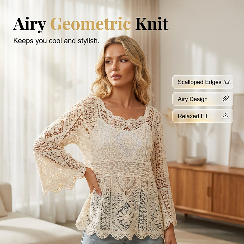 👚 50% RABATT NU! 🌸 Kvinnors Vintage-inspirerad Spets Cover-Up Blus – Boho Virkning, Hålrum & Vida Ärmar ✨