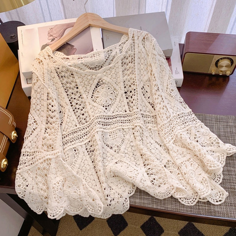 👚 50% RABATT NU! 🌸 Kvinnors Vintage-inspirerad Spets Cover-Up Blus – Boho Virkning, Hålrum & Vida Ärmar ✨