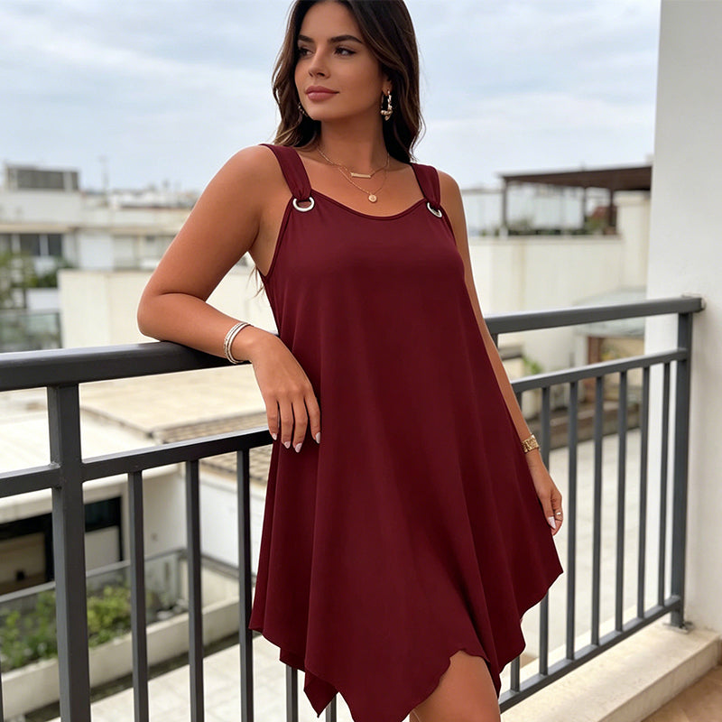 👚 50% RABATT NU!🌿Ärmlös Damklänning med Asymmetrisk Fåll