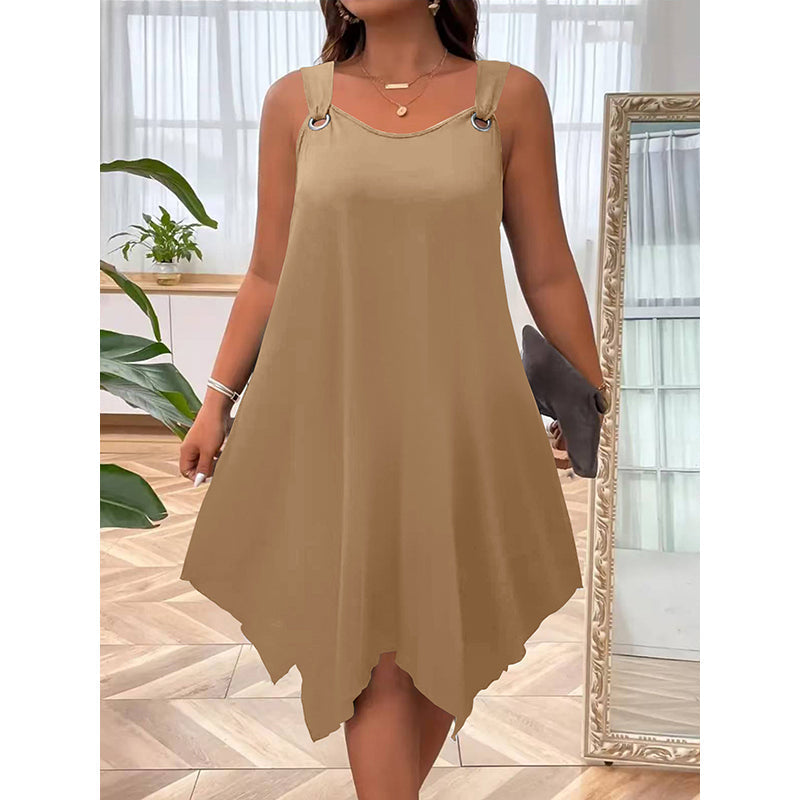 👚 50% RABATT NU!🌿Ärmlös Damklänning med Asymmetrisk Fåll