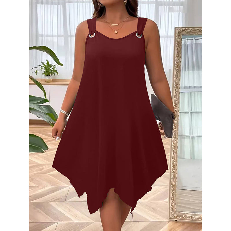 👚 50% RABATT NU!🌿Ärmlös Damklänning med Asymmetrisk Fåll