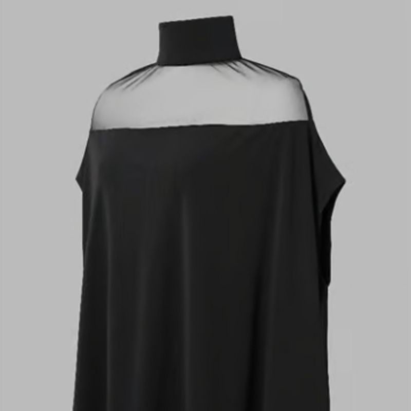 🦇 50% RABATT NU! 🖤 Damernas Hög Hals Batwing Blus – Genomskinlig Panel & Löst Passform ✨