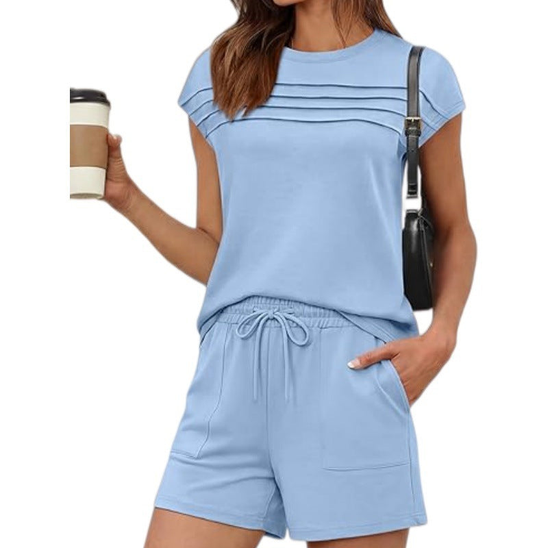 Bästsäljande shorts-set – begränsad tid 50% RABATT! 🔥⏰ Dam 2-delars set med veckad T-shirt & shorts med dragsko