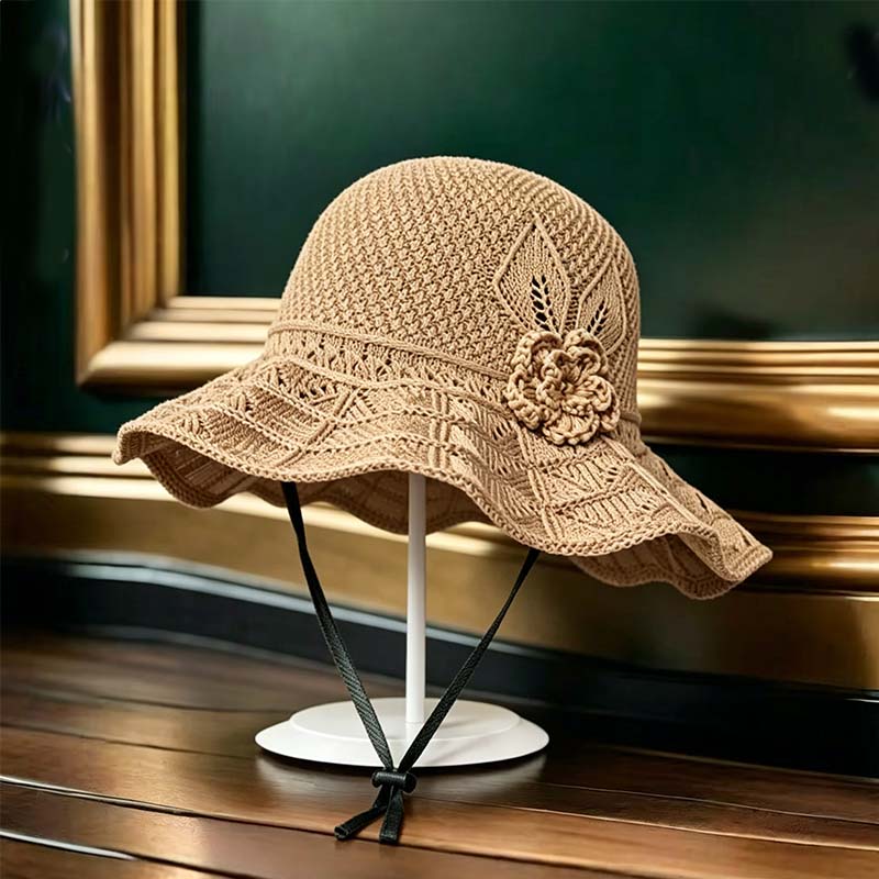 Virkat bucket hat med blomdetalj för kvinnor