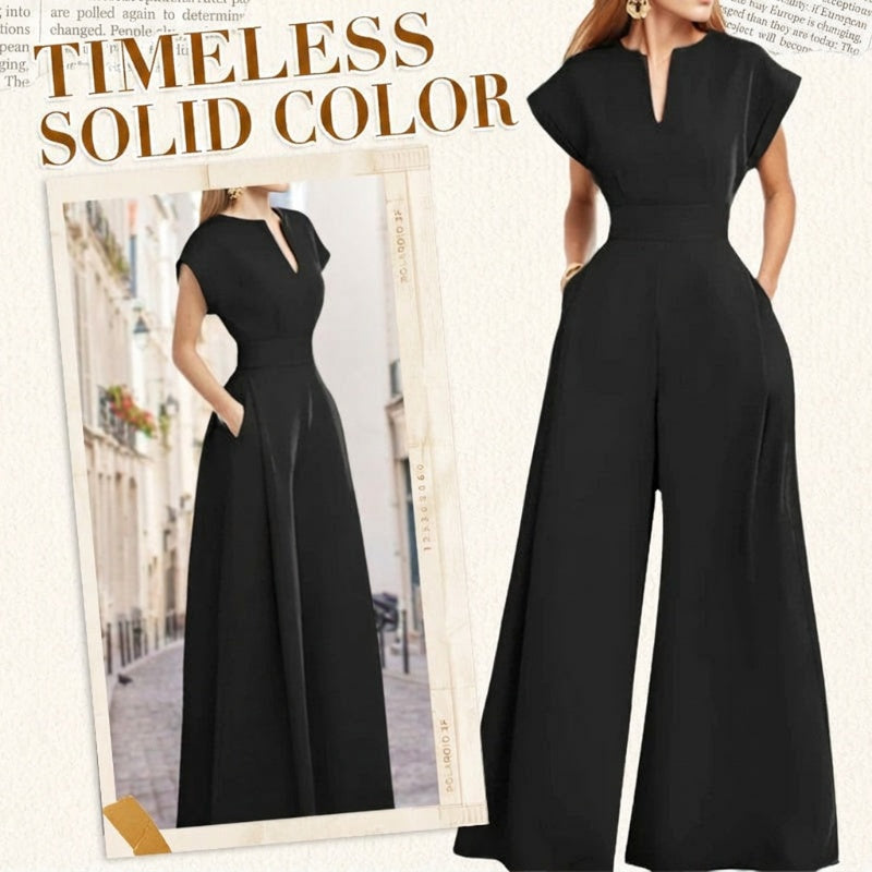 Kvinnors V-ringade kortärmade jumpsuit med vida ben