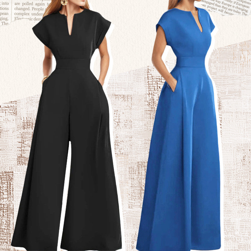 Kvinnors V-ringade kortärmade jumpsuit med vida ben