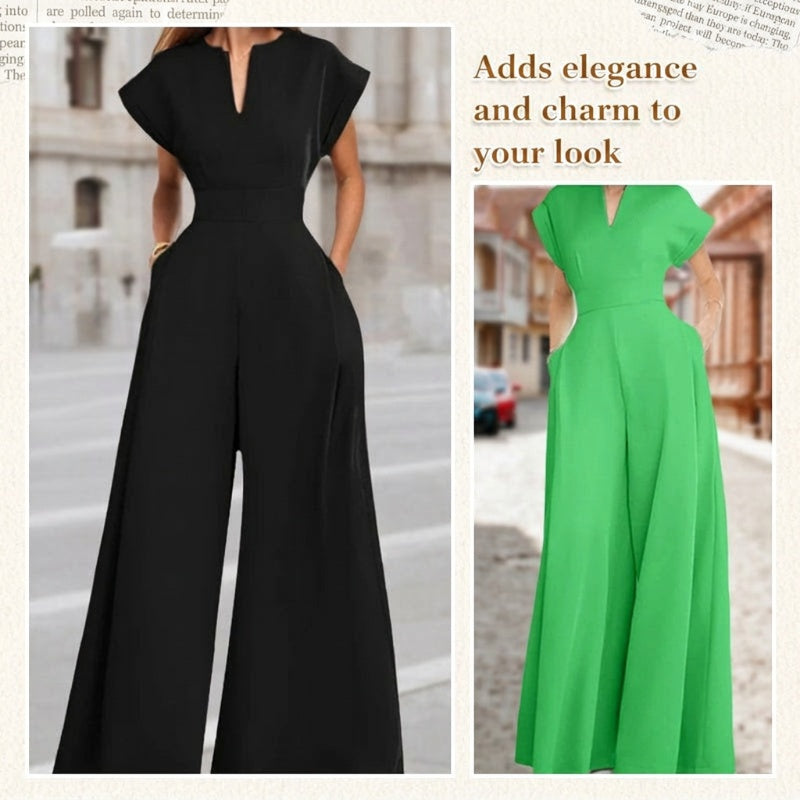 Kvinnors V-ringade kortärmade jumpsuit med vida ben