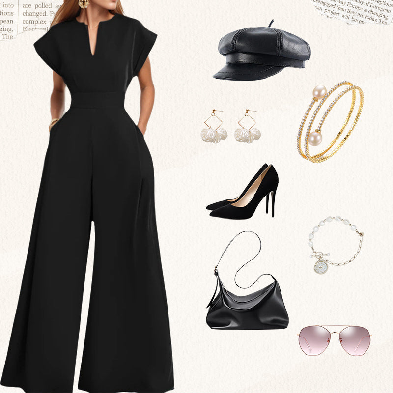Kvinnors V-ringade kortärmade jumpsuit med vida ben