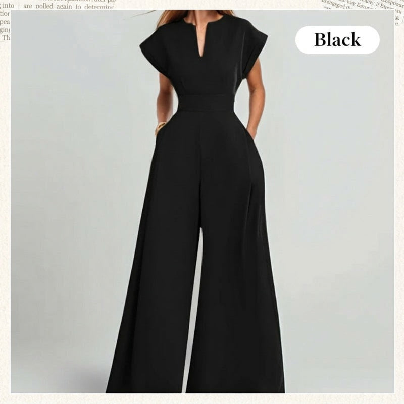 Kvinnors V-ringade kortärmade jumpsuit med vida ben