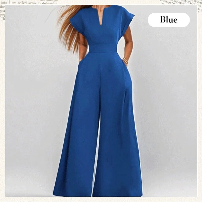 Kvinnors V-ringade kortärmade jumpsuit med vida ben