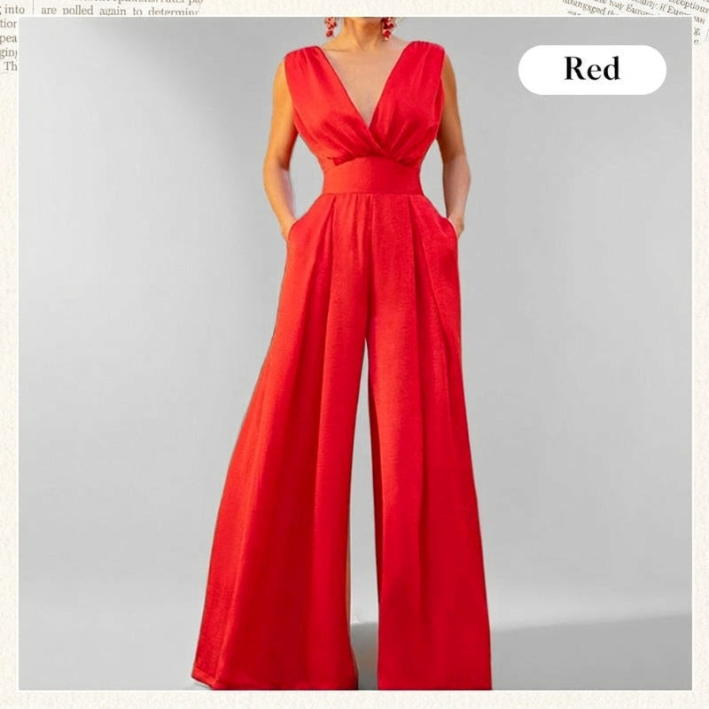 Kvinnors V-ringade kortärmade jumpsuit med vida ben