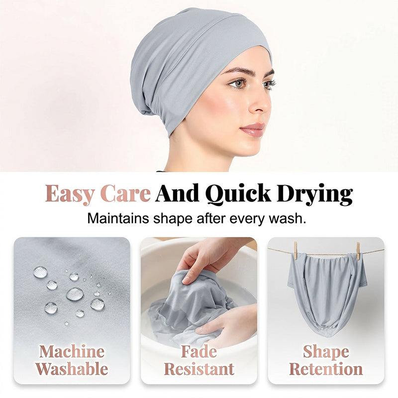 👒 Köp 1 få 1 GRATIS!🌸 Mjuk Stretch Turban Mössa – Mjölksilke Tyg & Anti-Halk Passform – Hår Volym Döljare – Multi-Använd Under Sjaal 🧣