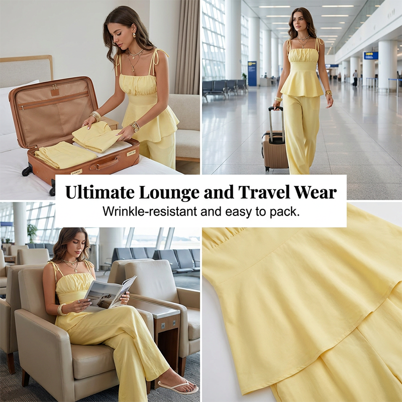 👗50% RABATT NU! 🌞 Set med vida byxor och peplumtopp – Sval, elegant & perfekt för varmt väder – snygg sommarstil 💛