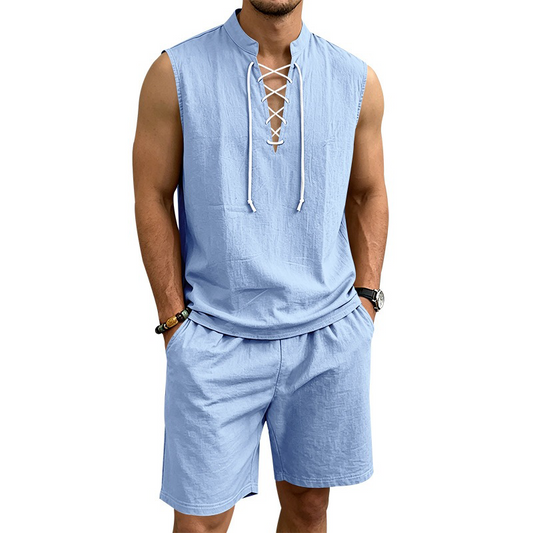 👕 50% RABATT! 🌿 Herr linne ärmlös snörnings-top & shorts set – Svalt linne, justerbar passform & perfekt för strand, festival eller heta sommardagar ☀️