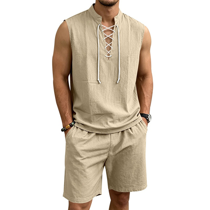 👕 50% RABATT! 🌿 Herr linne ärmlös snörnings-top & shorts set – Svalt linne, justerbar passform & perfekt för strand, festival eller heta sommardagar ☀️