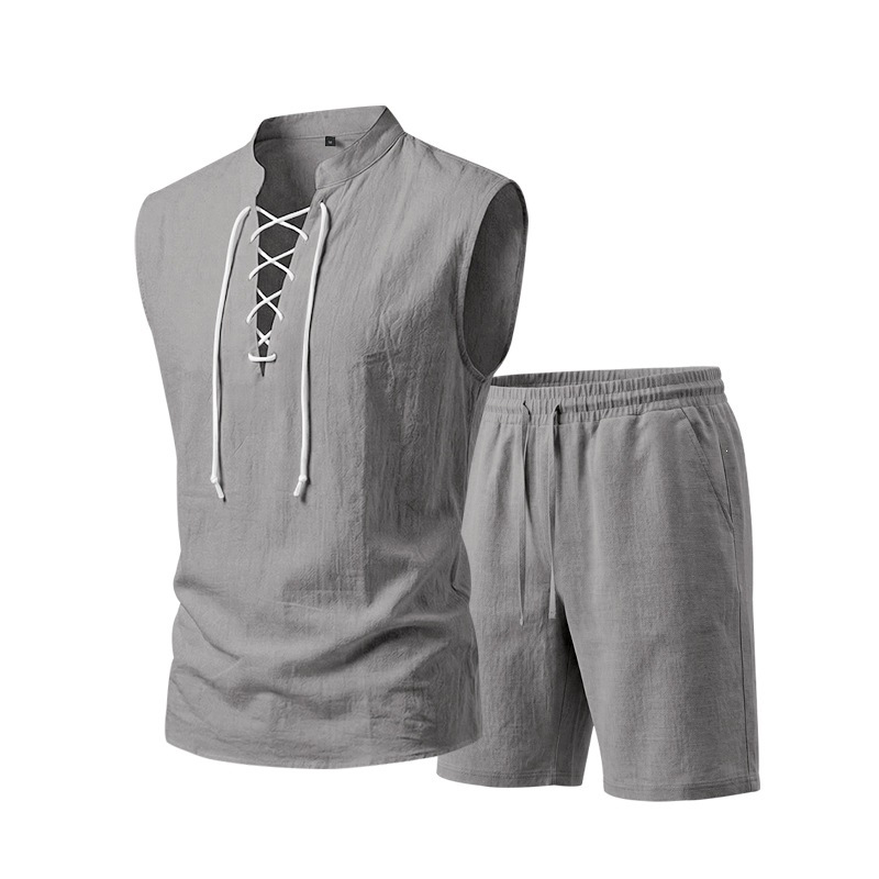 👕 50% RABATT! 🌿 Herr linne ärmlös snörnings-top & shorts set – Svalt linne, justerbar passform & perfekt för strand, festival eller heta sommardagar ☀️