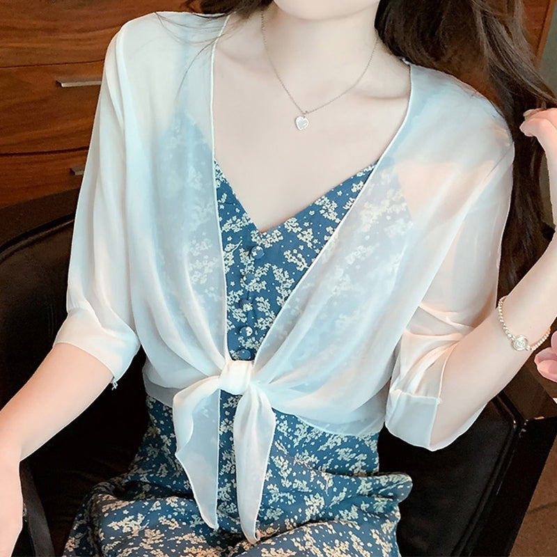 💖 50% RABATT NU!🌿 Dam Chiffong Topp med Knytning – Genomskinlig, Croppad & Elegant – Sommar Lager Essential 👒