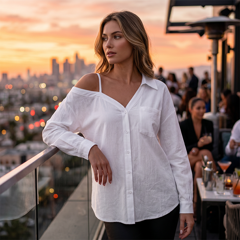 👚 50% RABATT NU! ✨ Kvinnors Off-Shoulder Knäppskjorta – Asymmetrisk, Skrynkeltyg & Lång Ärm – Luftigt, Avslappnat & Chic 💫