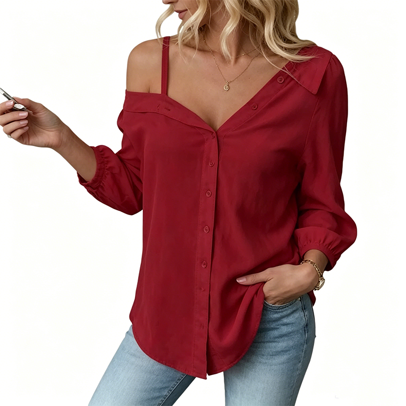 👚 50% RABATT NU! ✨ Kvinnors Off-Shoulder Knäppskjorta – Asymmetrisk, Skrynkeltyg & Lång Ärm – Luftigt, Avslappnat & Chic 💫