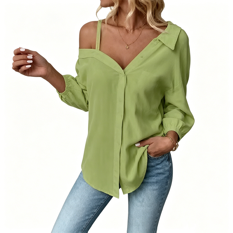 👚 50% RABATT NU! ✨ Kvinnors Off-Shoulder Knäppskjorta – Asymmetrisk, Skrynkeltyg & Lång Ärm – Luftigt, Avslappnat & Chic 💫