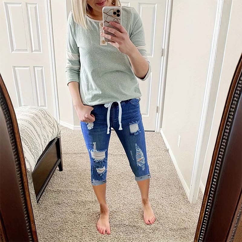 ⏰ 50 % RABATT – Endast under en begränsad tid ✨👖 Capribyxor i denim för damer med dragsko ✨ Bekväma, avslappnade och perfekta för sommaren