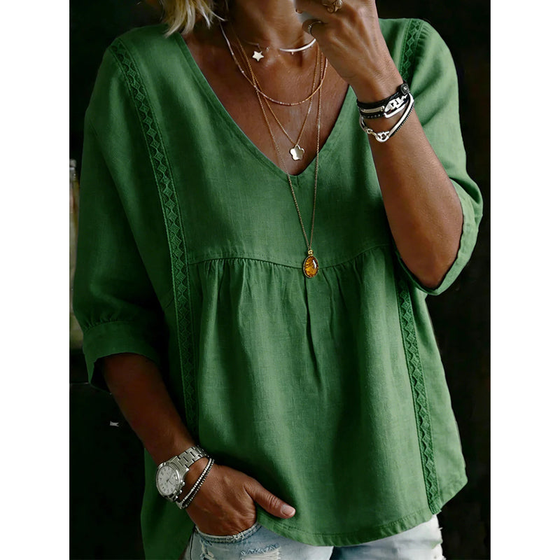 👚 50% RABATT NU! 🕊️ Kvinnors Casual V-ringad Spetskant Topp – Kejsarskuren, Lättvikt & 3/4 Ärmar – Flödande, Andningsbar & Romantisk ✨