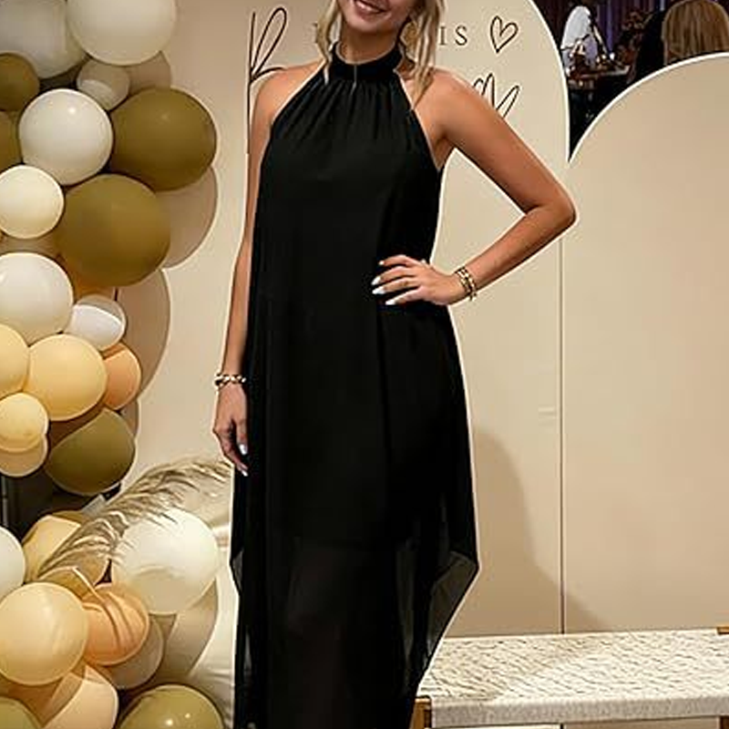 Damklänning med halterneck & asymmetrisk skärning ✨ Framhäver axlarna, döljer överarmarna – elegant & modern 🌿