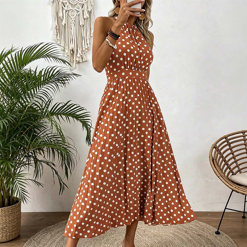👗 50% RABATT! ⏳ Halterklänning med prickar för dam – Flödande & ledig passform – Perfekt för sommar, strand eller lata dagar – romantisk stil med retrokänsla 🌸