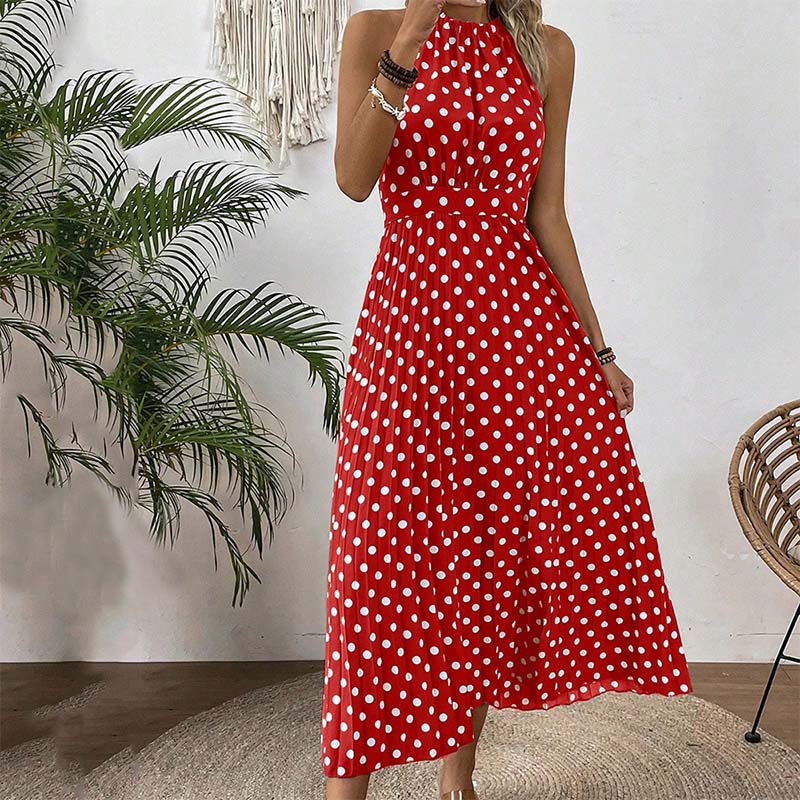 👗 50% RABATT! ⏳ Halterklänning med prickar för dam – Flödande & ledig passform – Perfekt för sommar, strand eller lata dagar – romantisk stil med retrokänsla 🌸