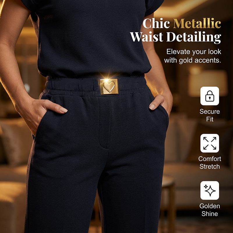 🔥 50 % RABATT 👚 2-delat damset – topp & vida byxor i skandinavisk design, lyxiga gulddetaljer & bekväm dag-till-kväll-stil 🌸