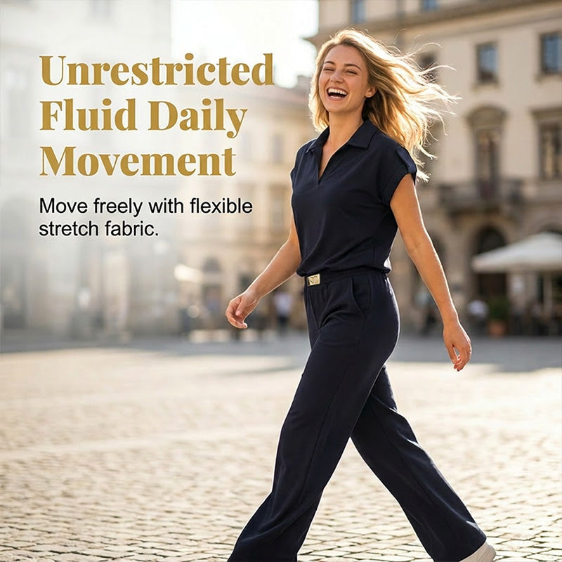 🔥 50 % RABATT 👚 2-delat damset – topp & vida byxor i skandinavisk design, lyxiga gulddetaljer & bekväm dag-till-kväll-stil 🌸