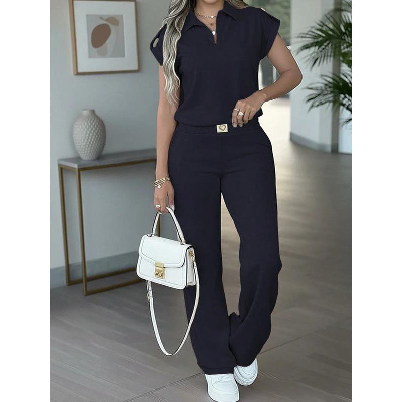 🔥 50 % RABATT 👚 2-delat damset – topp & vida byxor i skandinavisk design, lyxiga gulddetaljer & bekväm dag-till-kväll-stil 🌸