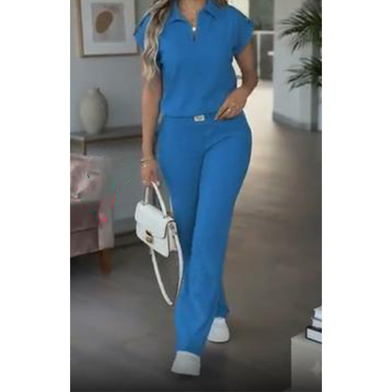 🔥 50 % RABATT 👚 2-delat damset – topp & vida byxor i skandinavisk design, lyxiga gulddetaljer & bekväm dag-till-kväll-stil 🌸